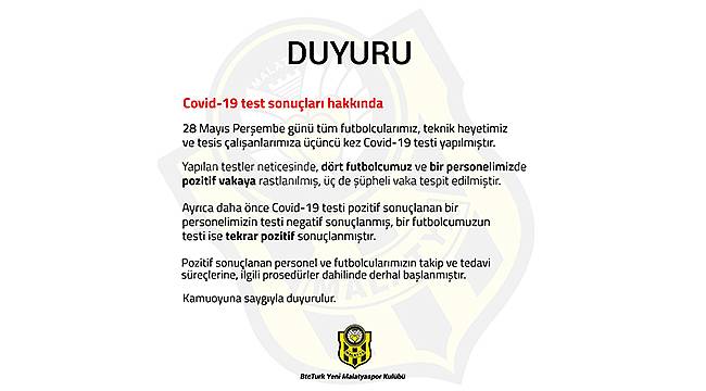 Yeni Malatyaspor'da 4 Futbolcu ve 1 Çalışanda Covid-19 Çıktı