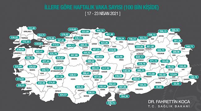 Bakan Koca haftalık vaka sayısını gösteren insidans haritasını yayımladı