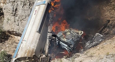 Uçuruma yuvarlanan kamyon alev aldı: 1 yaralı