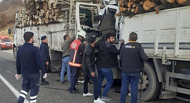 Odun yüklü iki kamyon çarpıştı: 1 yaralı