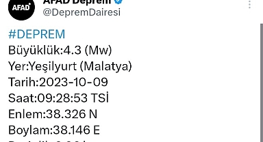 Sondakika... Malatya'da 4.3 Şiddetinde Deprem Meydana Geldi