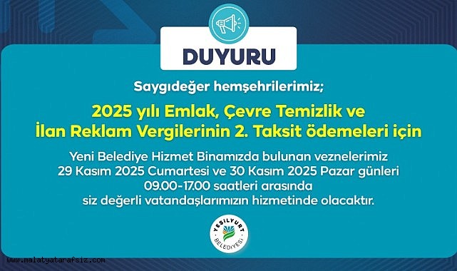 Yeşilyurt Belediye vezneleri, hafta sonu hizmet verecek
