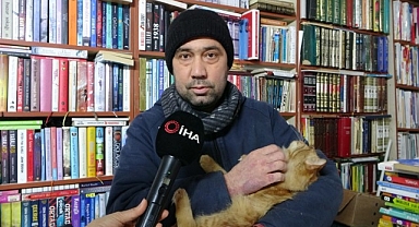 Konteynerde hayata tutunan sahaf, sokak kedilerini yalnız bırakmadı