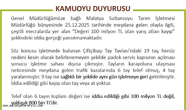 TİGEM'den 'değeri 100 milyon lira olan yarış atları kayıp' iddialarına yalanlama